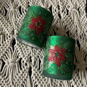 Green Poinsettia Christmas Glass Candle Holder